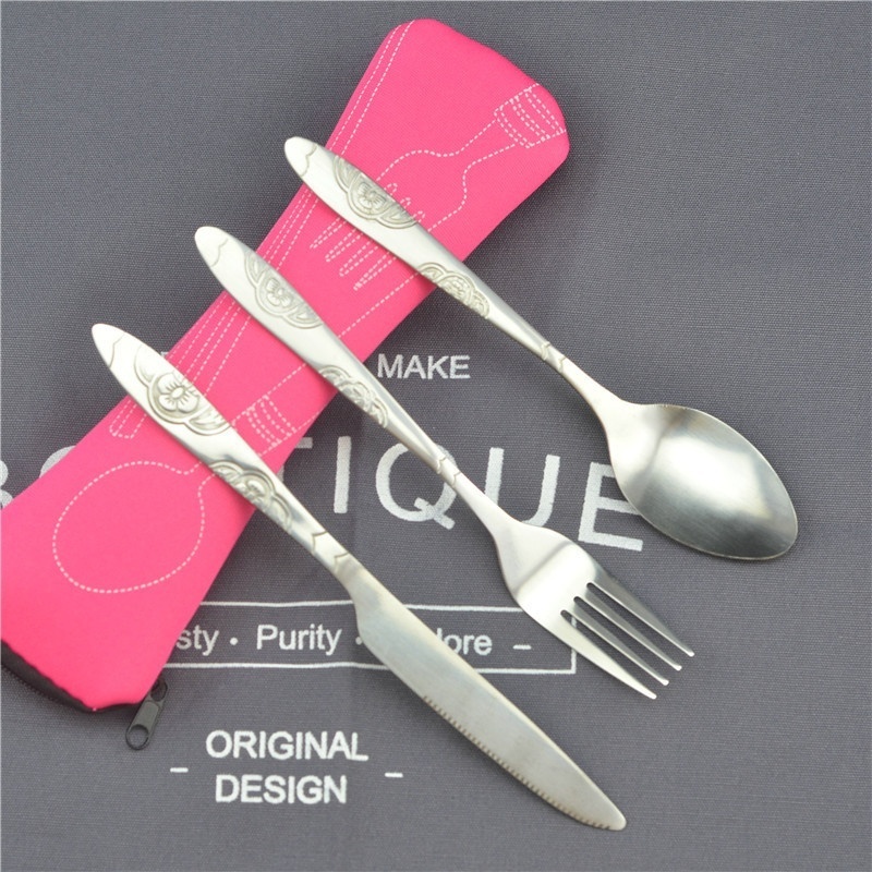 Juego de Picnic, vajilla lavable con cremallera, Kit de cubiertos de viaje, estuche, bolsa portátil para cena, herramienta doméstica, cuchara de viaje para acampar: Rojo