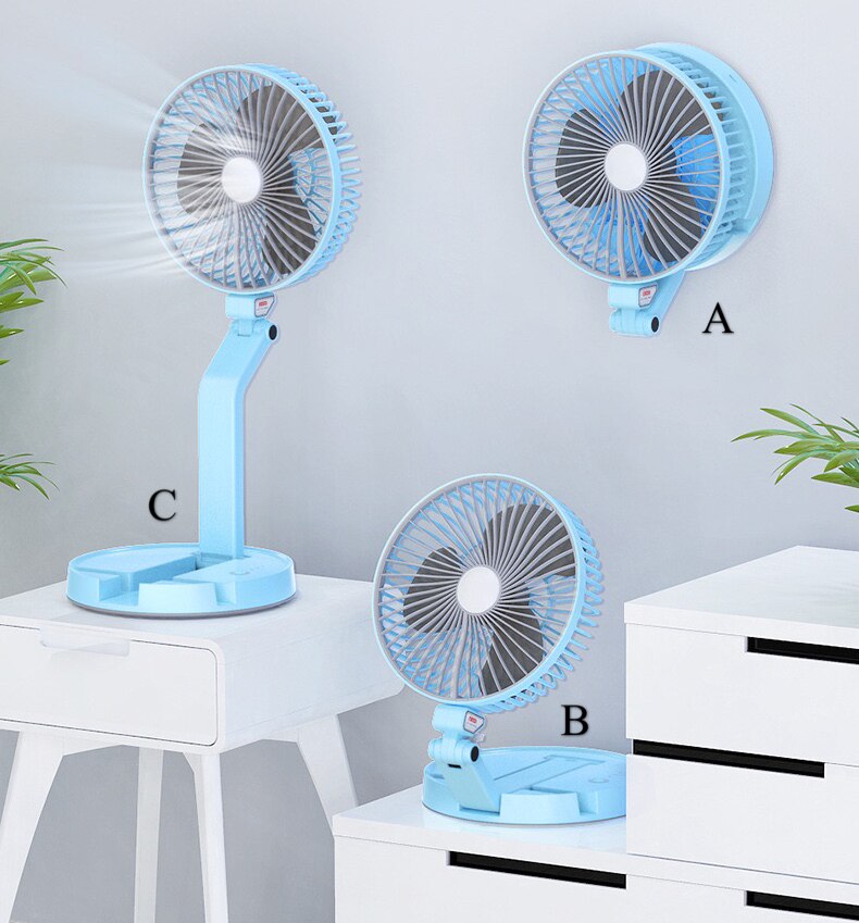 Folding Fan Lamp - USB Rechargeable Telescopic Desk Fan - 7 Inch Wall-Mounted Desktop Fan