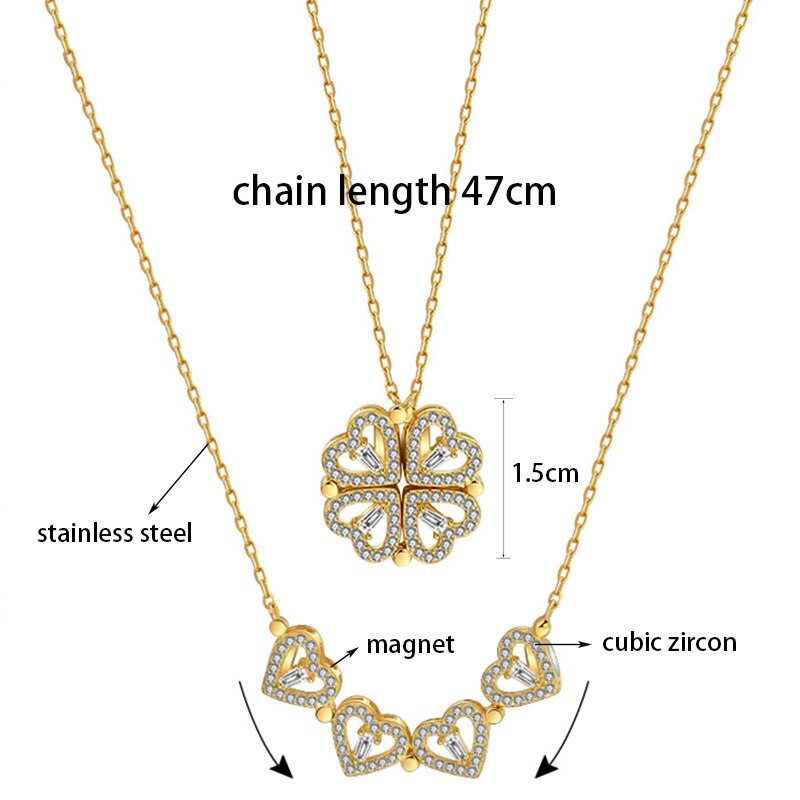 Collier trèfle à quatre feuilles pliable magnétique en forme de cœur, pendentif , de mariage, bijoux de fête