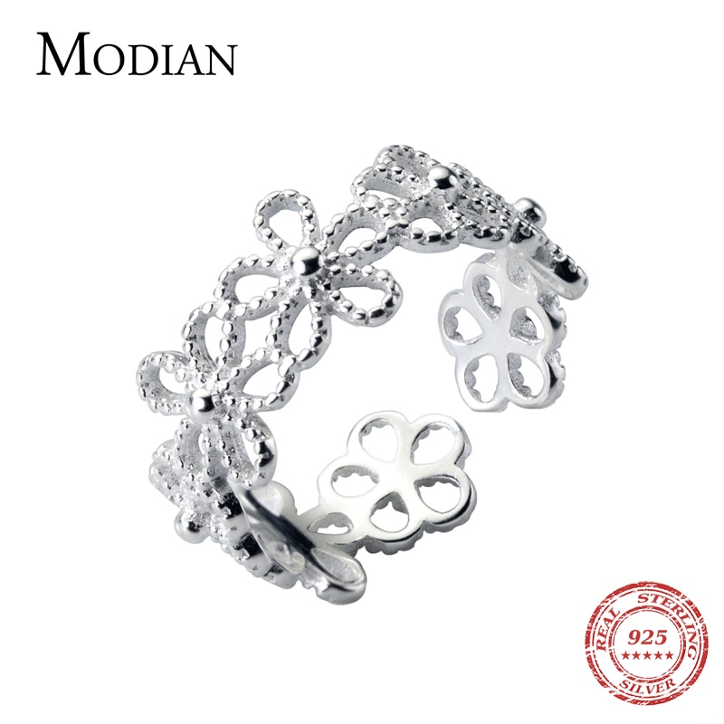 Modian Stapelbaar Holle Out Bloem Sterling Zilver 925 Ring Voor Vrouwen Mode Open Verstelbare Flora Ring Fijne Sieraden Bijoux