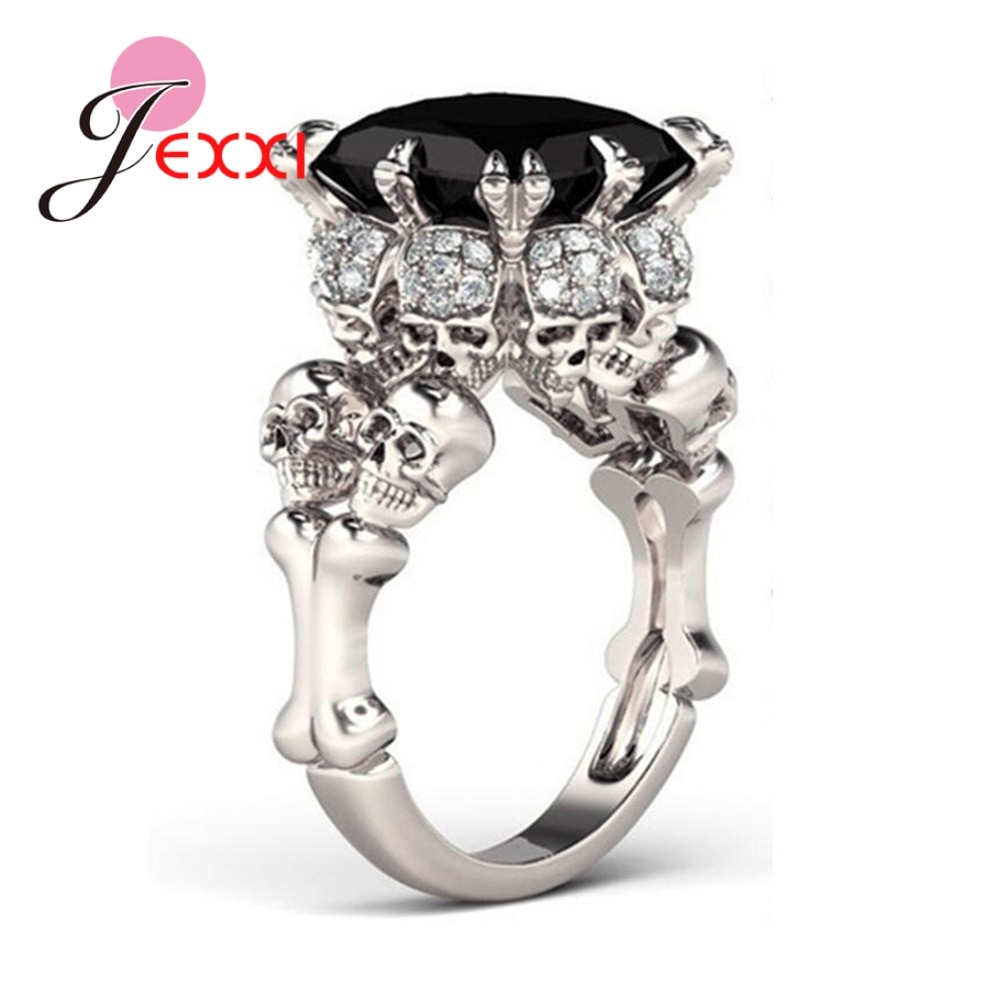 Statement Gothic Black Gun 925 Sterling Silver Retro Skull Rings for Women Shiny CZ Crystal Prong Set Halloween Party Jewelry