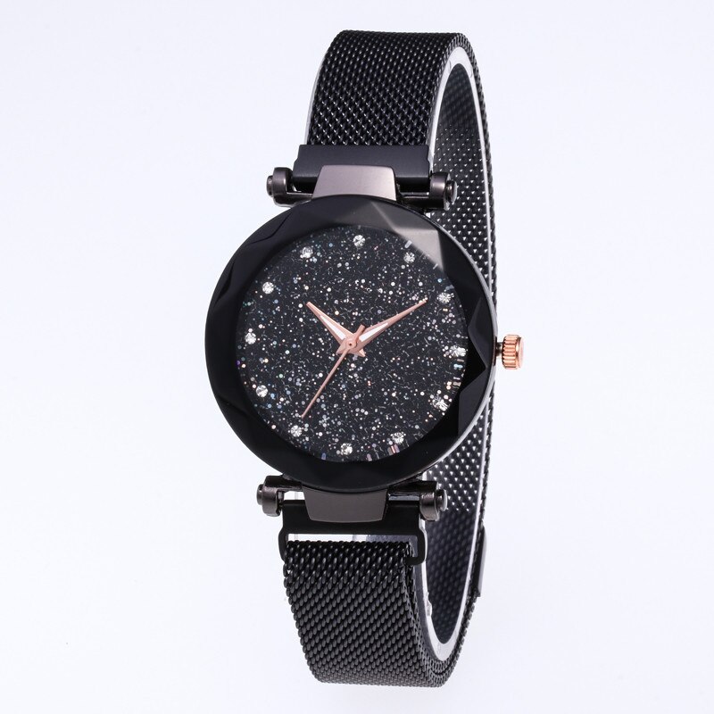 Luxe merk dameshorloge met diamanten wijzerplaat, dameshorloge met magnetische stalen armband en sterren, waterdicht horloge: Zwart