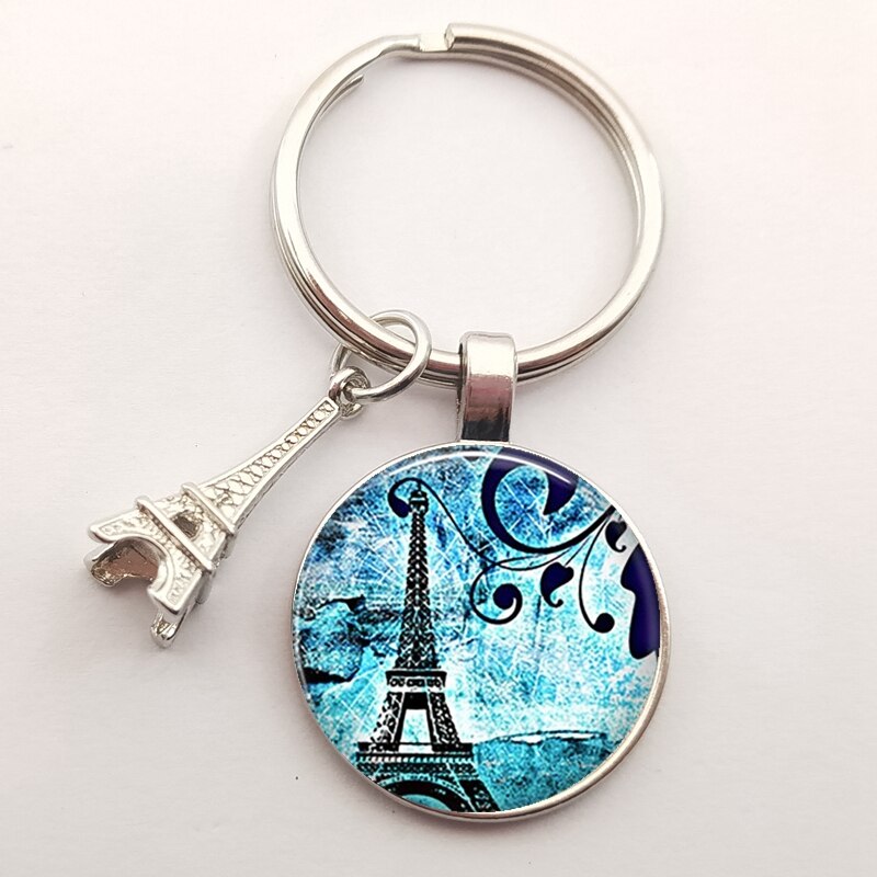 Romantic Paris Eiffel Tower Key Chains Art Lady Wander Drawing Glass Pendant Cute Keychain Keyring Women Bag Jewelry: Silver-47