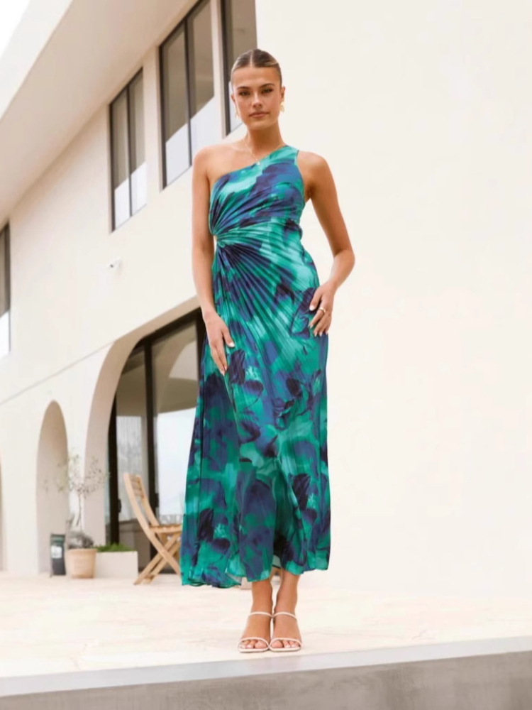 2025 de verano nueva mujer temperamento vestido plisado hombro inclinado sin mangas Sexy vestido estampado de vacaciones