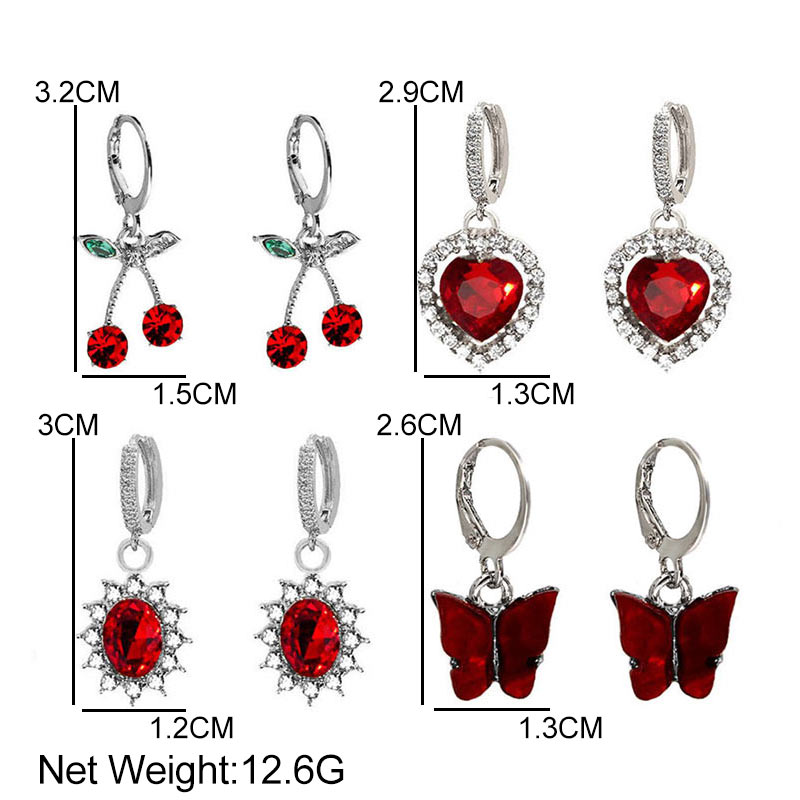 JUST FEEL 4Pcs/set Shiny Heart Crystal Earrings Female Multicolor Butterfly Cherry Earring Sets Statement Jewelry