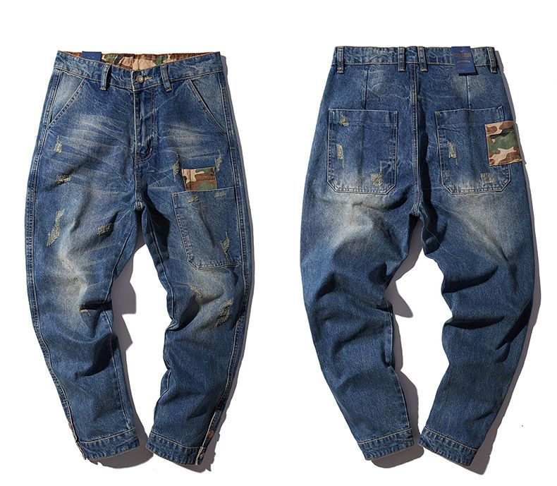 Blå hul revet baggy jeans herre hip hop streetwear skateboard denim bukser herre camouflage løse jeans plus størrelse 4xl 102106: M