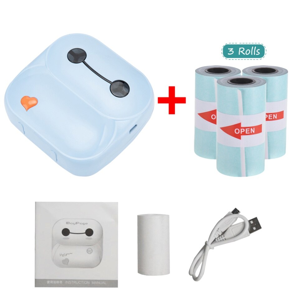 Portable Pocket Mini Thermal Photo Label Printer Bluetooth Wireless Printers 203DPI Impresoras Fotos For Mobile Phone Home use: Blue add 3 Papers