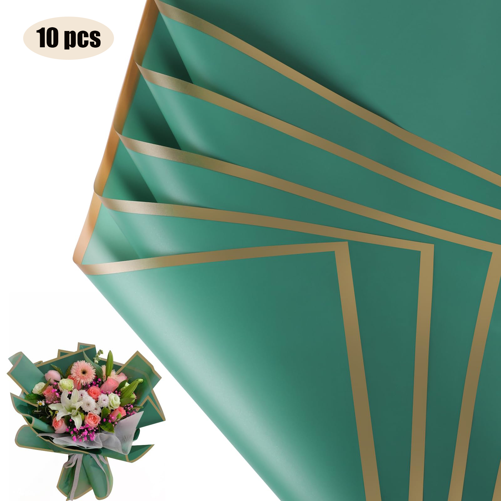 10 Sheets Flower Wrapping Paper with Golden Edges, Waterproof Bouquet Packaging - Ideal for DIY Weddings & Birthdays: Gold