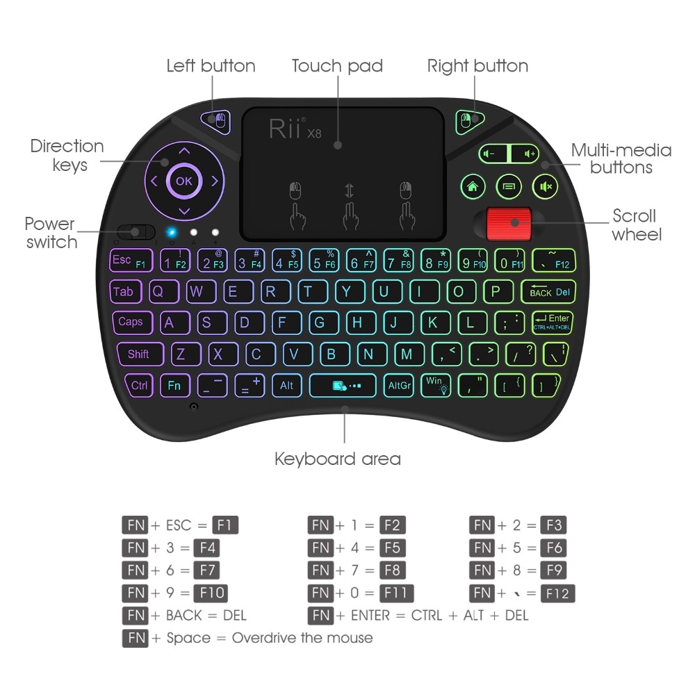 Rii X8 2.4 GHz Mini Draadloze Toetsenbord met Touchpad, veranderlijke kleur LED Backlit, Oplaadbare Li-Ion Batterij