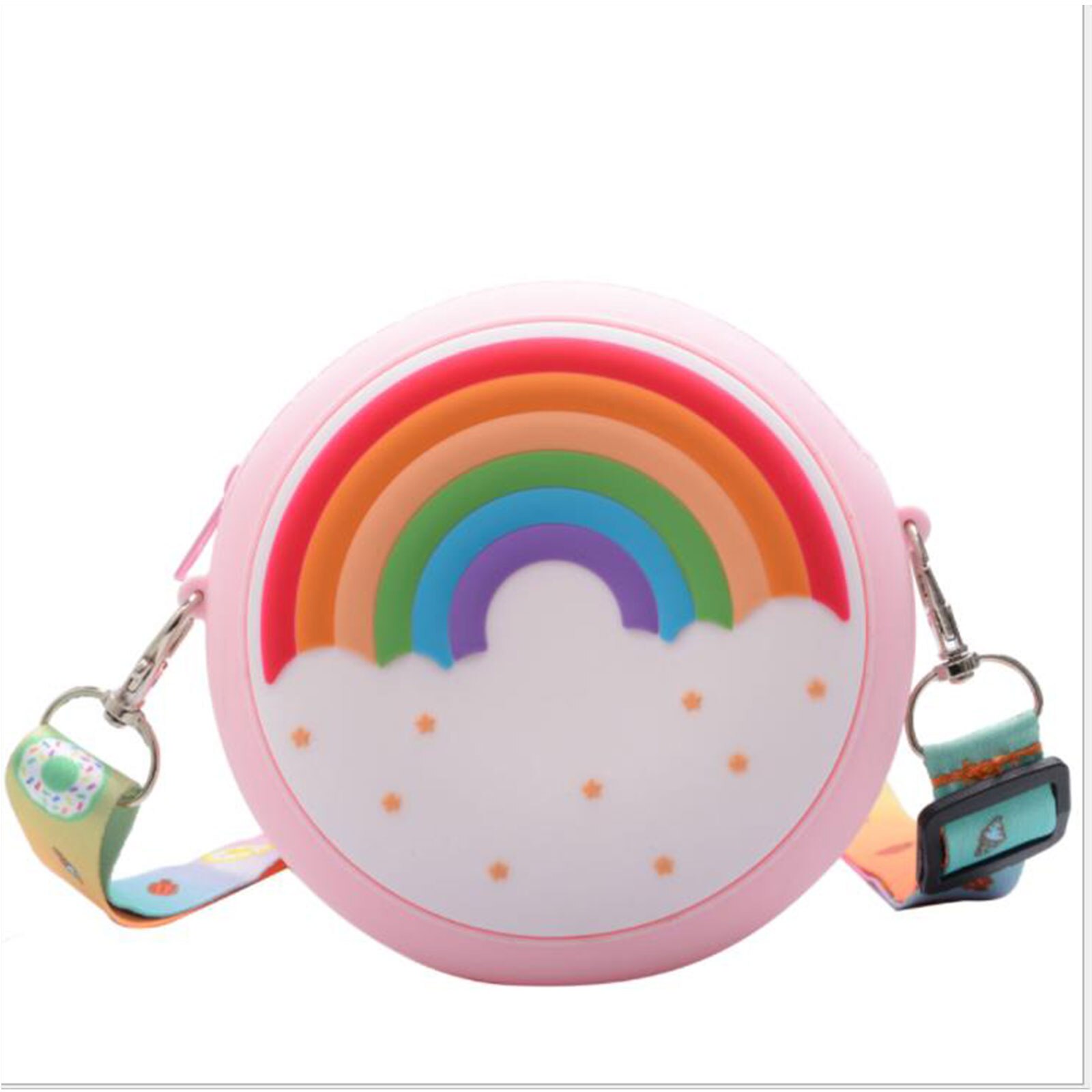 Kids Shoulder Bag Cross-Body Pack Round Adjustable Wide Strap Travel Large Capacity Rainbow Donut Printed Pockets