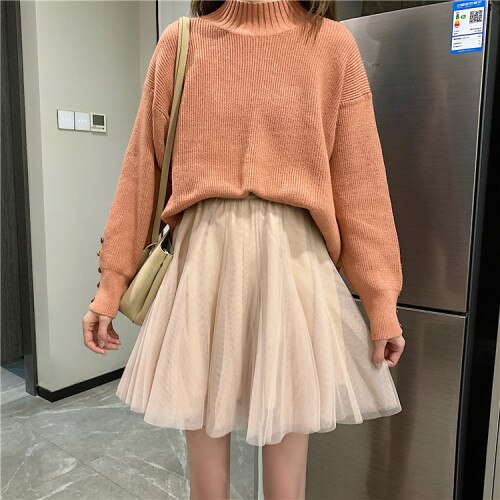 Minifalda de tul para mujer, Falda corta de malla coreana, cintura alta elástica, color negro liso, ropa de mujer,: Apricot