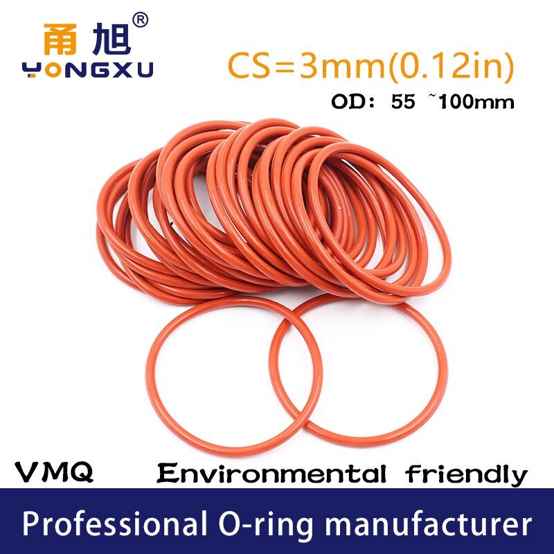 Red Silicon O-ring Silicone/VMQ CS3mm Thickness OD55/60/65/70/75/80/85/90/95/100*3mm O Ring Seal Rubber Gasket Washer Rings