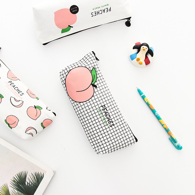 Estuche Escolar de lona para niña, bolsa de lápices de fruta, melocotón, papelería, suministros escolares