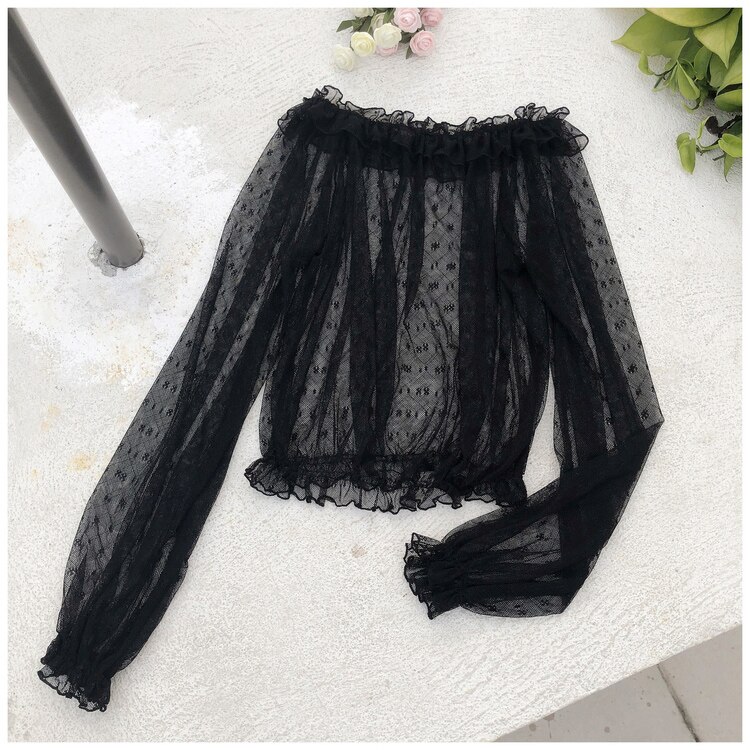 Söt vild lolita skjorta spets lykta ärm dam blusar chiffong knopp mesh gasväv blus inuti spets topp: 23 svarta