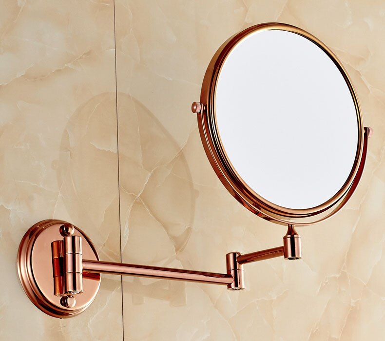 Badeværelse forstørrelses makeup spejl, udtrækkelig foldearm, dobbeltsidet 3x forstørrelse forfængelighed runde spejle, rosa guldfarve: Runde type 1x - 5x