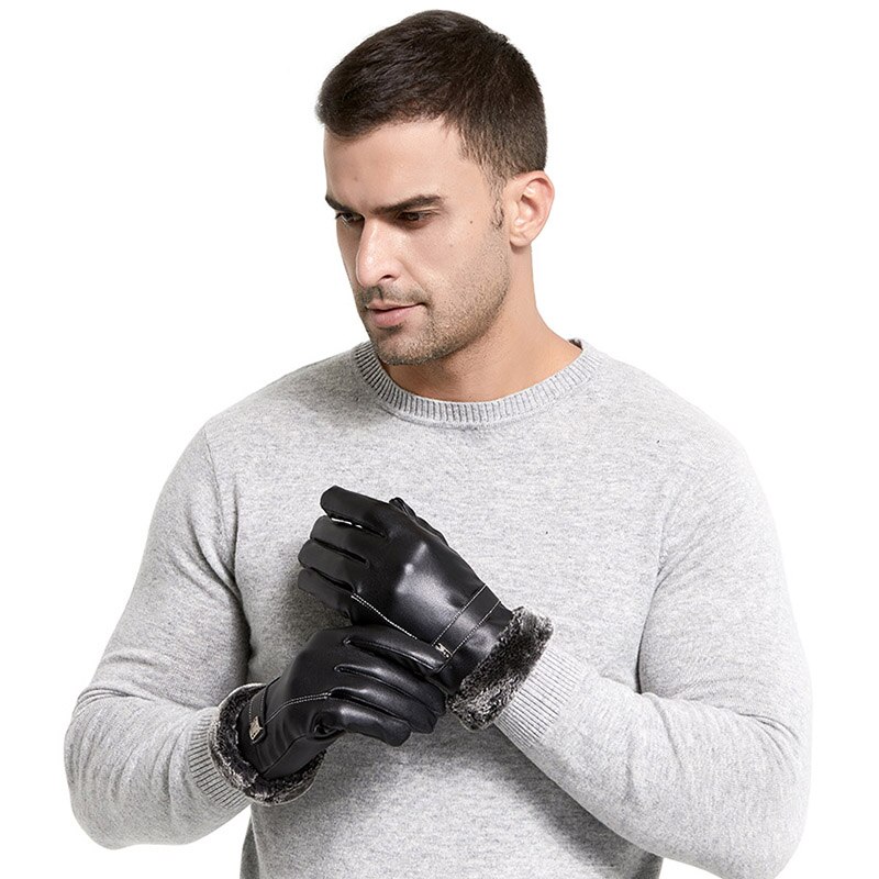 Guantes de piel para hombre de invierno con pantalla táctil para conducir al aire libre, guantes resistentes al viento para mantener el calor, mitones de negocios negros para hombre