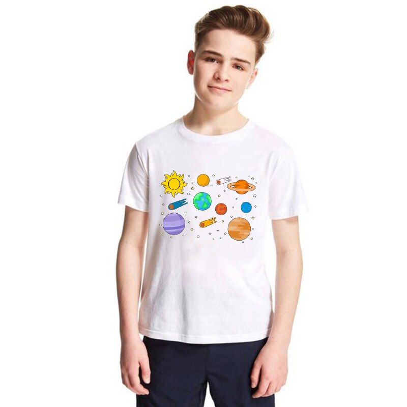 Camiseta de manga curta estampa de planeta, camiseta infantil para meninos e meninas