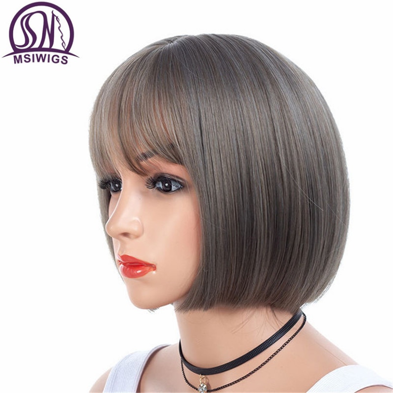 Msiwigs bob hair mustat lyhyet peruukit naisille suorat synteettiset hiukset peruukki otsatukkalla tuhkanharmaat hiukset lämmönkestävä kuitu