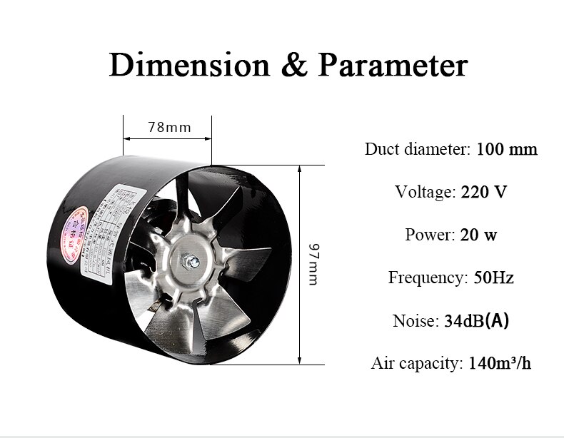 4 " inline kanalfläkt frånluftsfläkt luftfläkt metallrör ventilation badrumsfläkt väggfläkt minifläkt 100mm 220v