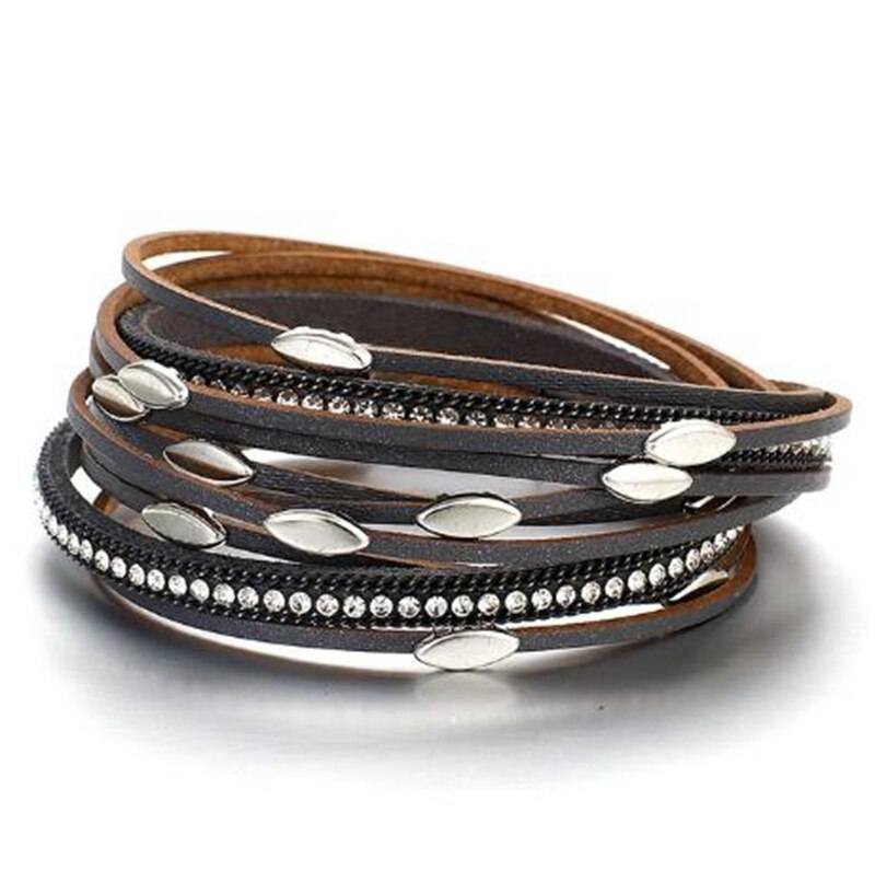 Multilayer Leather Leaf Bracelet Shiny Rhinestone Inlaid Women Charm Prom Jewelry: Black