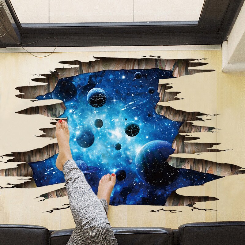 Creatieve 3D donkerblauw galaxy planeet Floor/muurstickers woonkamer decoratie decals home decor landschap Gebroken muursticker