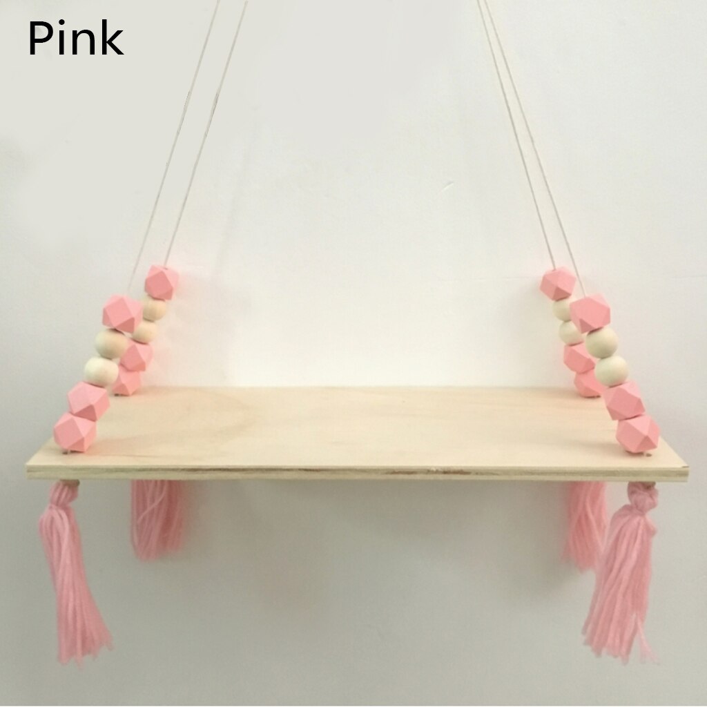 Estante de pared de madera con borlas y cuentas de colores nórdicos para niños, decoración de guardería, almacenamiento artesanal, decoración de hogar para colgar en la pared: B-Pink