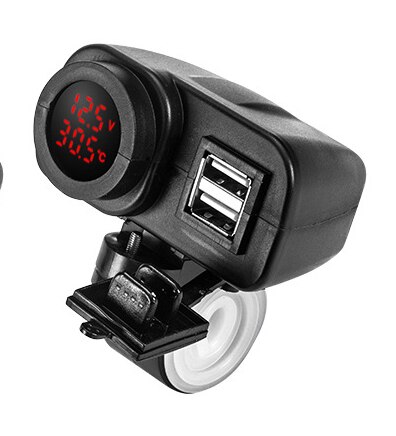 Chargeur usb double étanche pour moto 5v en 4.2a et voltmètre avec affichage de la tension et de la température pour montage sur guidon 7/8 et 1 ": Feu rouge