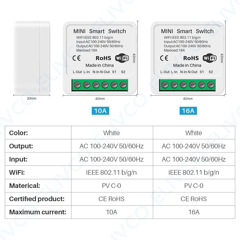 16a diy mini smart wlan-schalter mit 2- -wege-steuerung, smart-home-automatisierungsmodul, kompatibel mit alexa, google home, tuya und der smart life app.