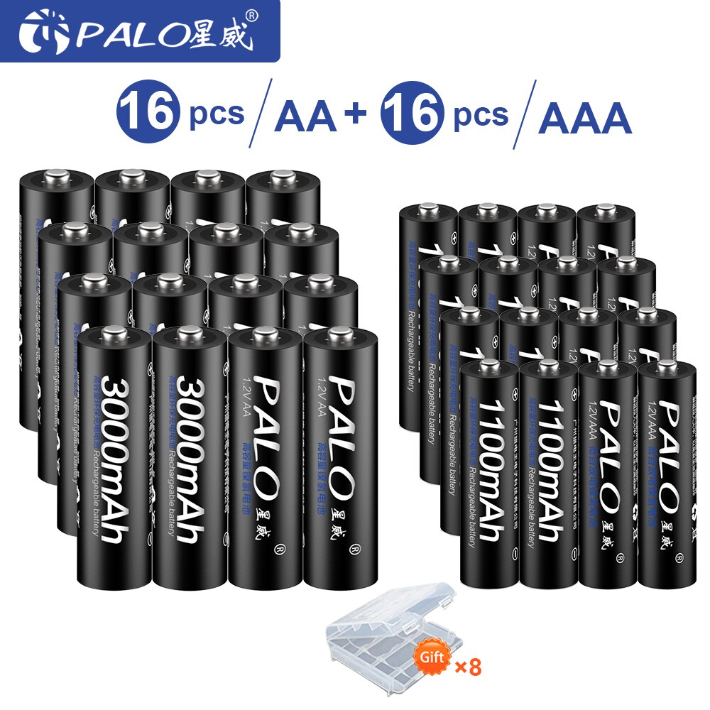 PALO 1.2V 3000mAh AA Rechargeable Battery and 1100mAh AAA Rechargeable Batteries For Toys Car 1.2V AA AAA Battery: 16 PCS AA AAA