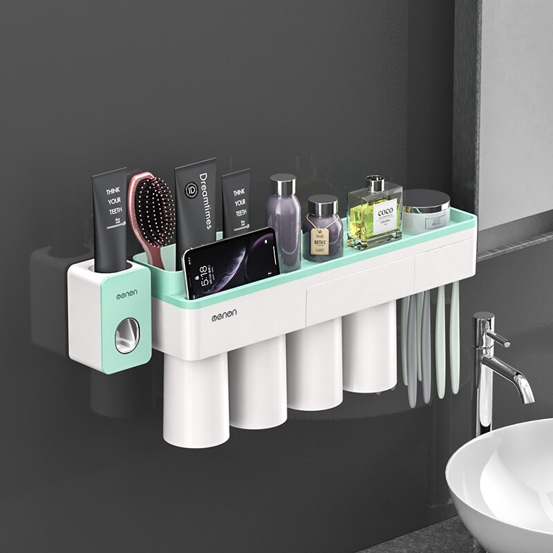 Toothbrush Holder Bathroom Accessories Toothpaste Squeezer Dispenser Storage Shelf Set For Bathroom Magnetic Adsorption With Cup: Green 4 Cups Sets