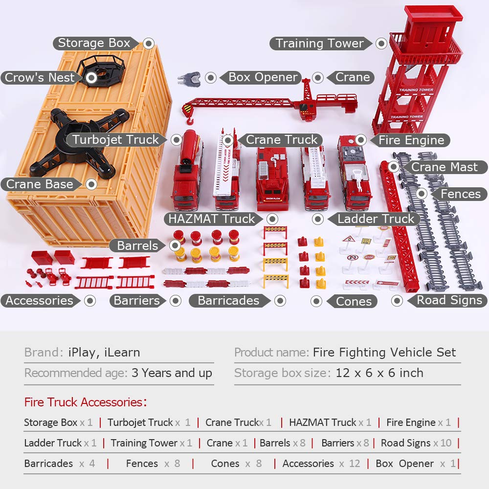 iPlay, iLearn Fire Truck Play Set, Firefighting Engine, Emergency Rescue Vehicles w/ Station for 3, 4, 5, 6 Year Old Boys
