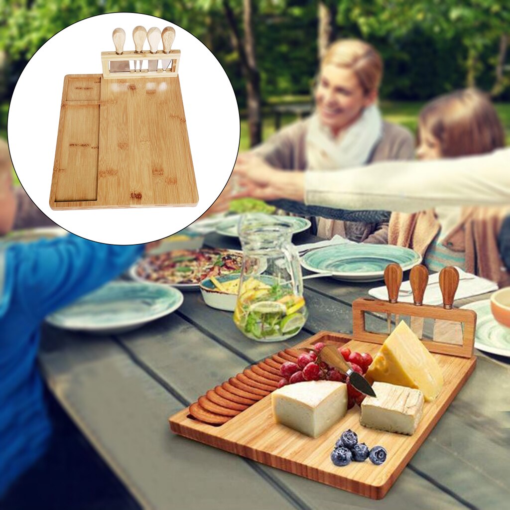 Bamboo Cheese Board Charcuterie Platter Serving Meat Board for Wine Crackers Charcuterie Snack Food Appetizers Fruit