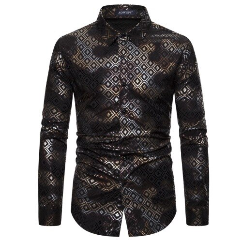 Chemise à manches longues pour homme, petit motif à carreaux, imprimé or, extensible, printemps: Black / L