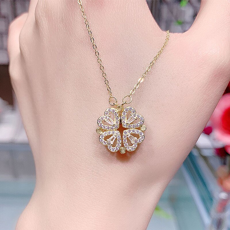 Vrouwen Hart Kettingen Rvs Magneet Kristal Klavertje Vier Hart Hanger Collier Sieraden Kraag Bff Bijoux