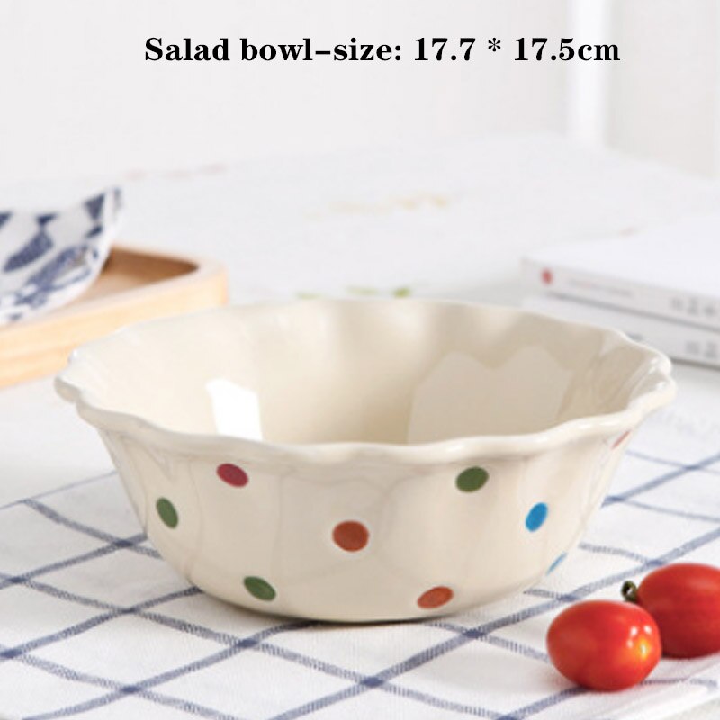 Porcelain Dishes Cutlery Dinner Plate Polka Dot Dishes Cute Dessert Salad Rice Noodle Soup Bowl Breakfast Steak Tray Snack Dish: Beige-B