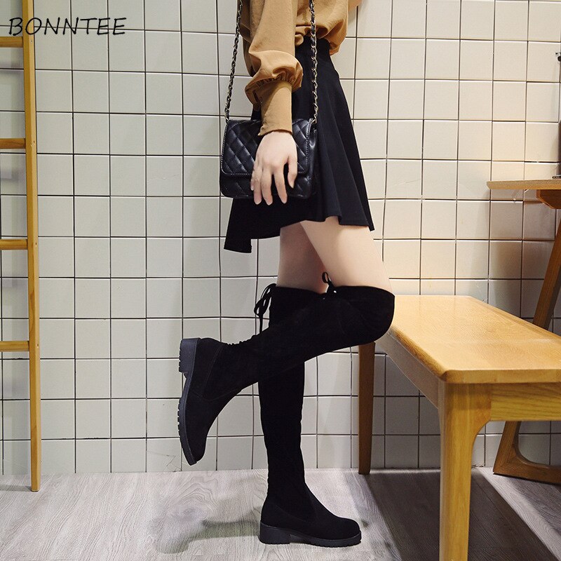 Laarzen Vrouwen Solid Flock Over-de-Knie Lange Laars Womens Trendy Koreaanse Vierkante Hak Winter Dij Hoge schoenen Vrouwelijke Warm