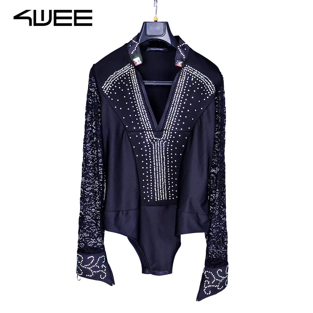 Ballroom Latin Dance Shirts Male Black Long Sleeve Lace V Collar Shirt Men Samba Cha Cha Dancing Tops Performance Wear