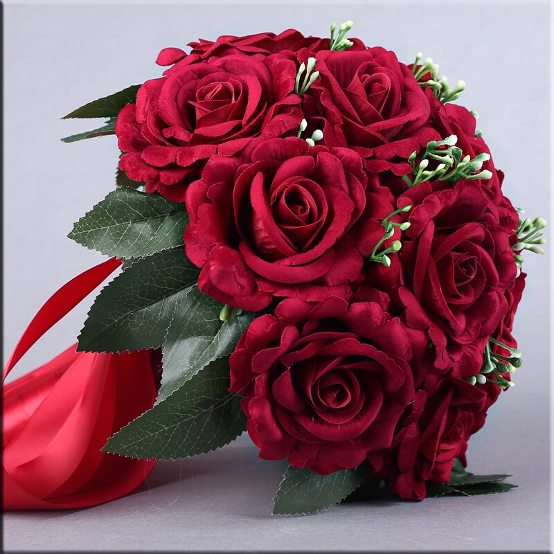Bouquet de fleurs pour mariée, 15 pièces, rouge chinois, , fleur à main pour demoiselle d&#39;honneur, avec accessoires de ruban, Rose