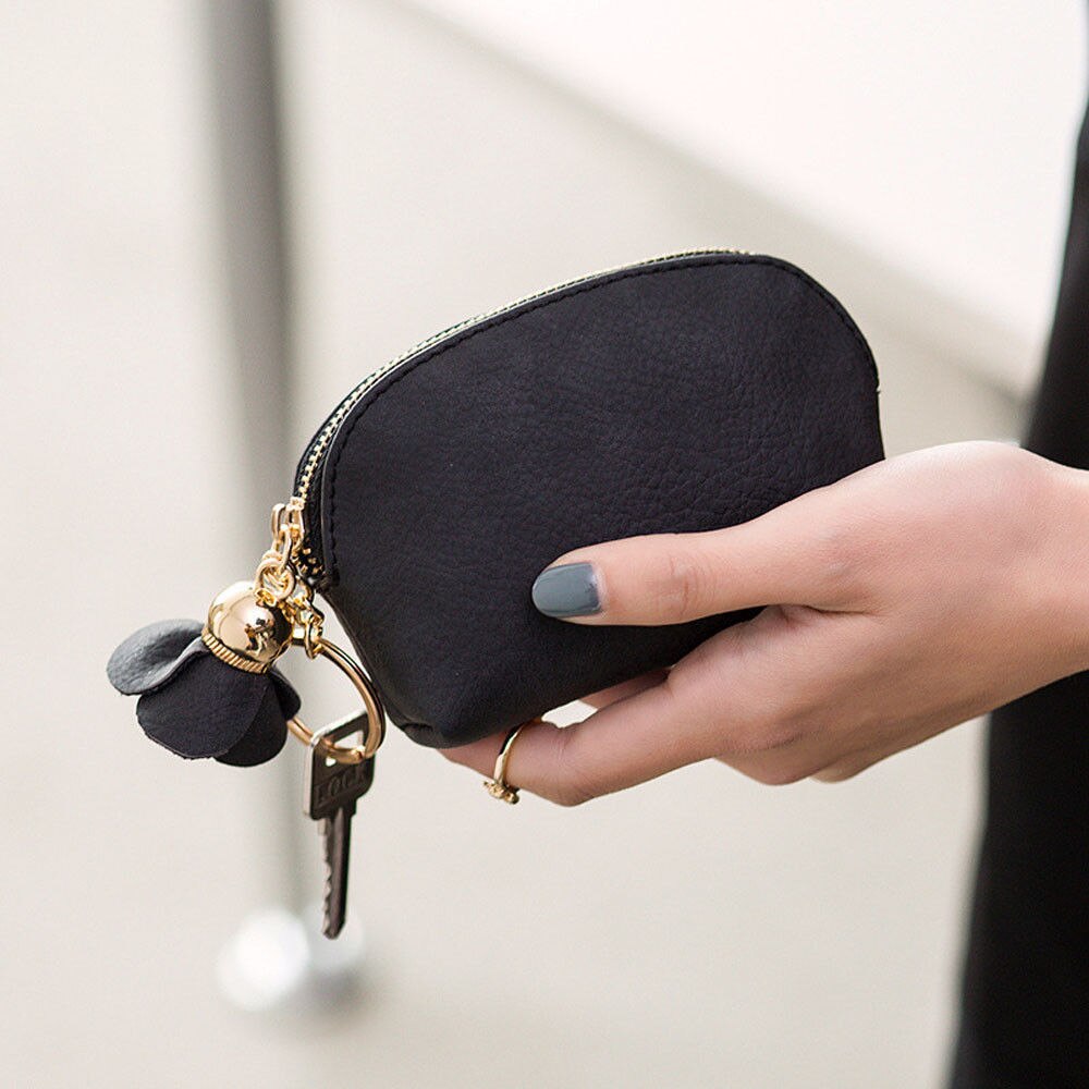 Mini portefeuille en cuir pour femmes, pochette, porte-monnaie, mignon, fleur pendentif, sac à main: Black