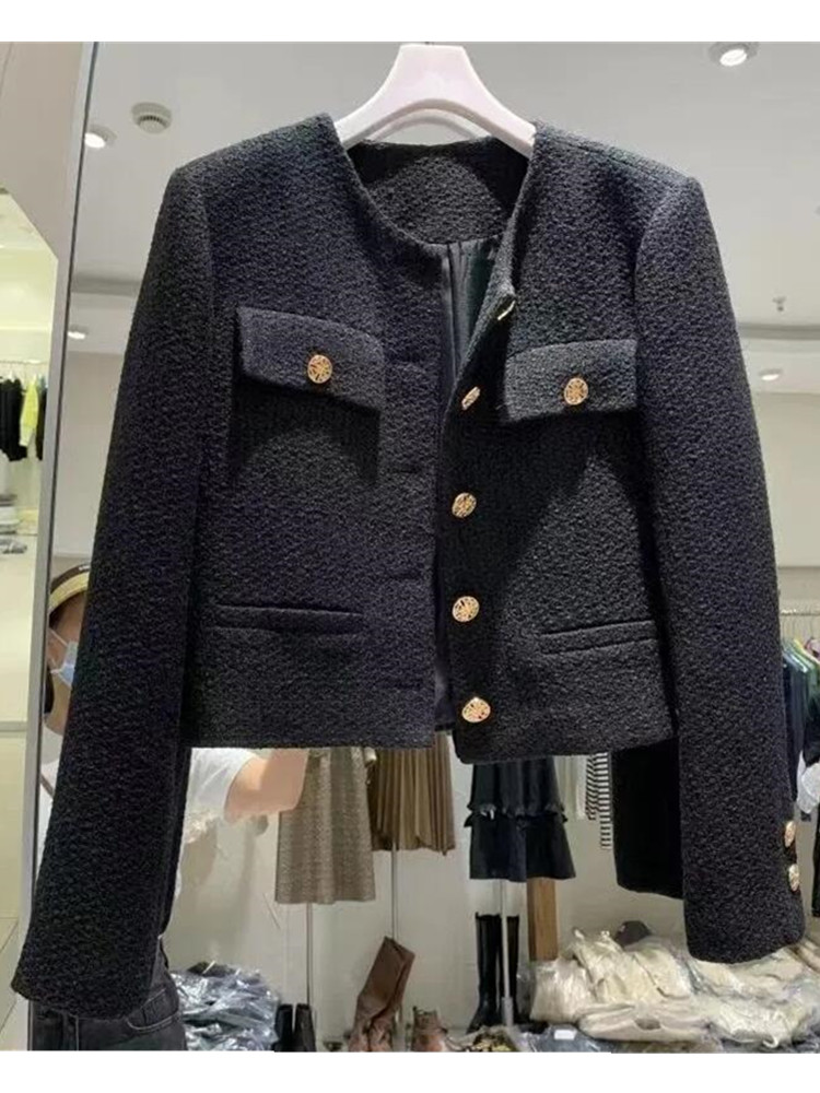 Smthma koreansk chic kvinnlig tweed basjacka kappa damkläder catwalk-stil ylle ytterkläder: S / Svart