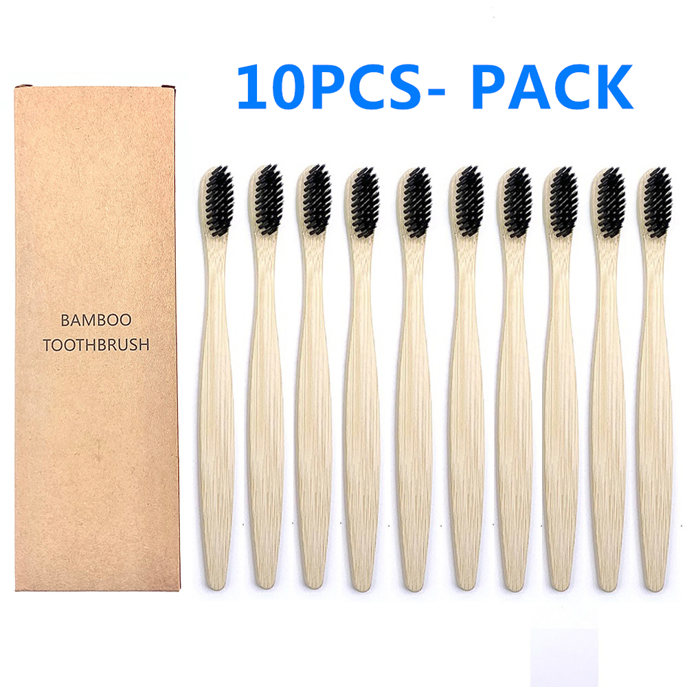 10-Pack Bunte Natürliche Bambus Zahnbürste Umwelt Holz Regenbogen Bambus Zahnbürste Mundpflege Weichen Borsten: 10PCS Black Color