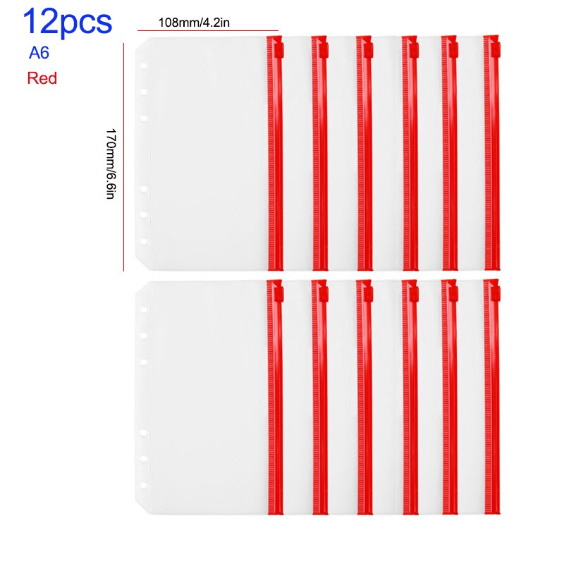 A5 A6 A7 12PCS Binder PocketsBinder Zipper Folders for 6-Ring Notebook Binder Transparent Loose Leaf Pouch Document Filing Bags: 12pcs A6 17x10.8cm1