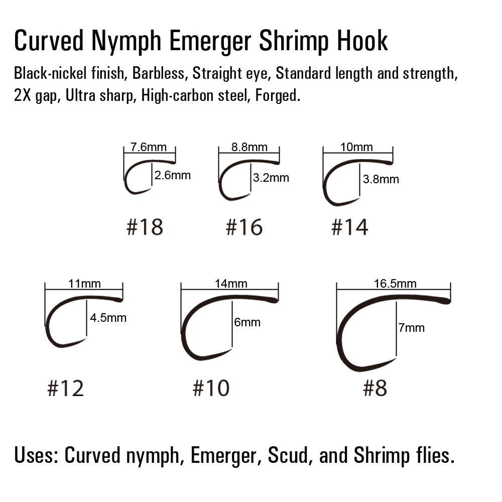 ICERIO 30PCS Black Nickel Barbless Curved Nymph Emerger Scud Shrimp Fly Tying Hook 2X Gap Trout Hook