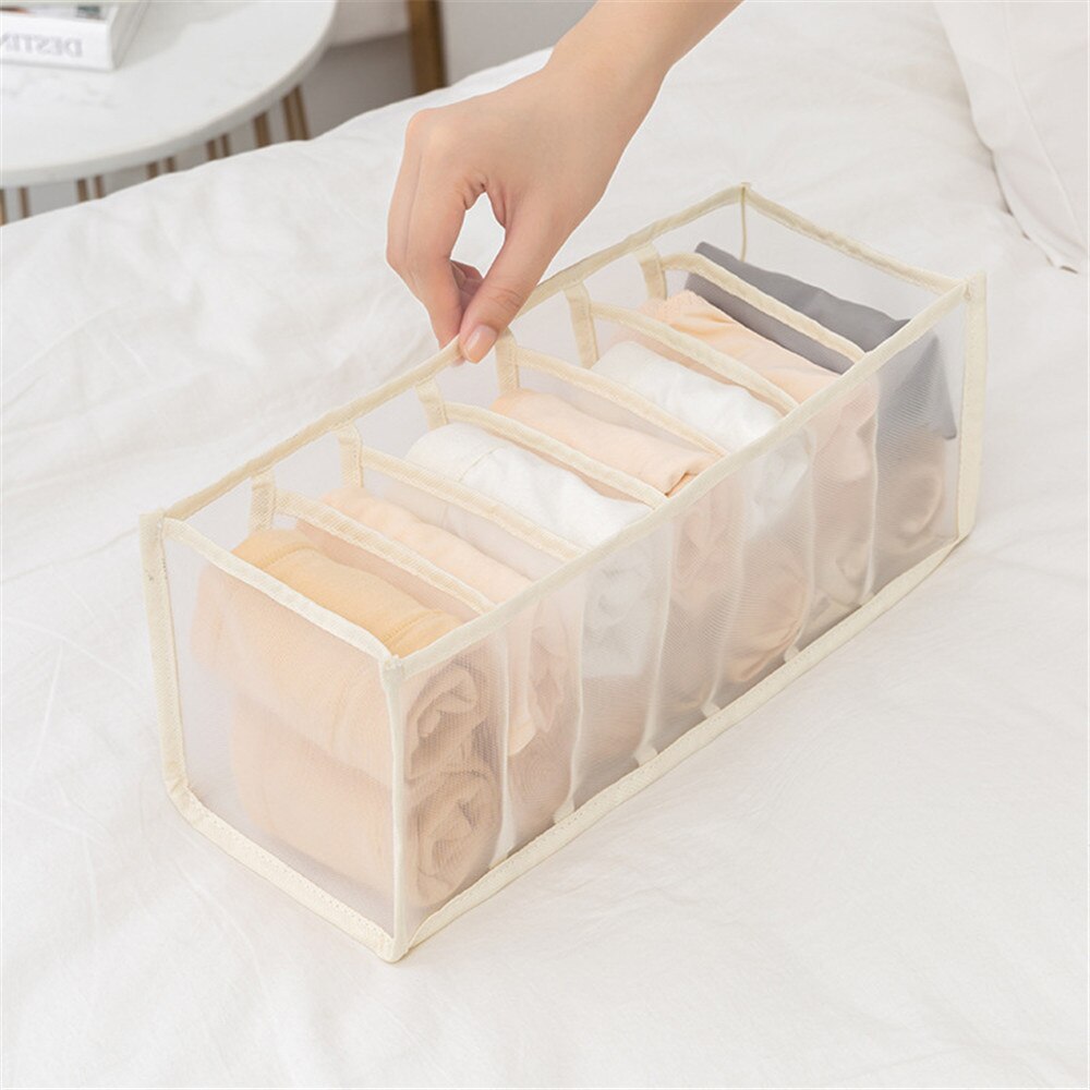 Underwear Storage Box Folding Dormitory Bedroom Wardrobe Finisher Nylon Tie Socks Drawer Organizer Separator Household Supply: 7Grids Beige