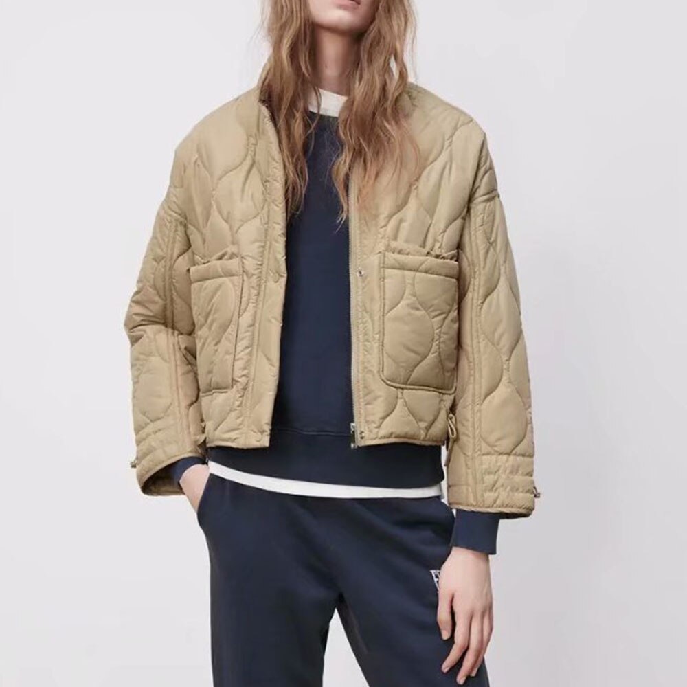 DiYiG-Chaqueta corta acolchada de algodón para mujer, chaqueta con cordón de , con cuello levantado, ligera, acolchada