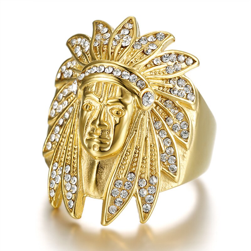 Mikro brolagte rhinsten ice out bling indianere chief ring titanium rustfrit stål guldringe til mænd hip hop rapper smykker