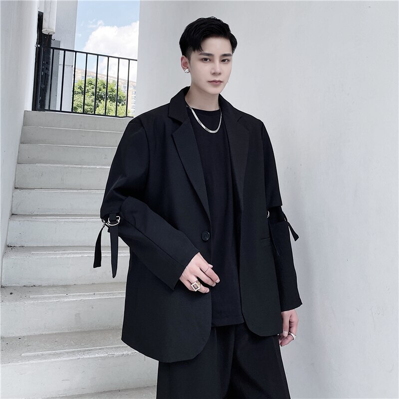 MIXCUBIC-Chaqueta de manga extraíble estilo coreano para hombre, blazer negro, informal, holgado, con forma cóncava, para otoño, M-XL,
