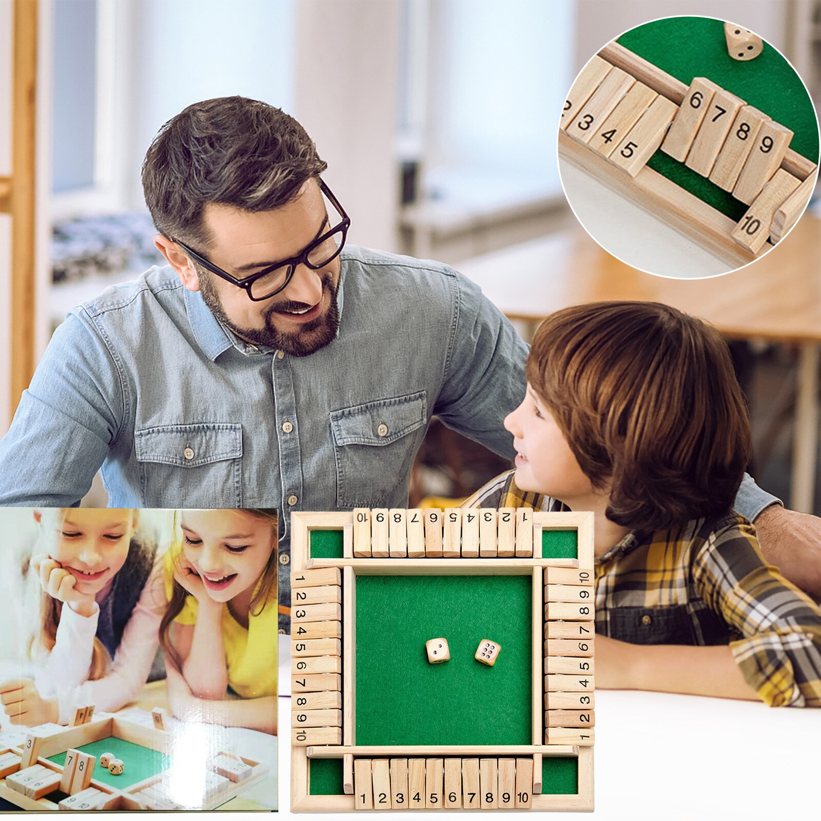 Traditional Four Sided Wooden 10 Number Pub Bar Board Dice Game For Shut the Box Family Travel Fun Game Set Family Fun Games