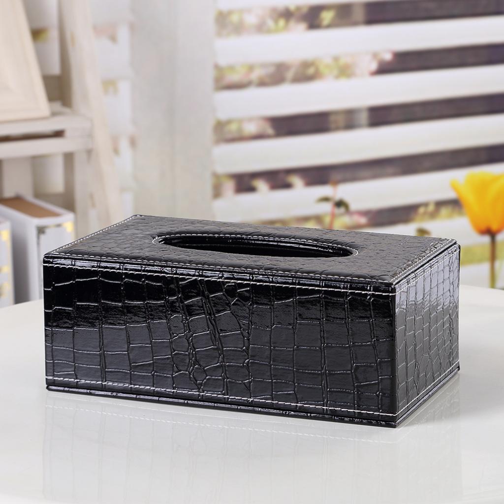 Black Leather Tissue Box Rectangle Desktop Storage Holder Bin Living Room