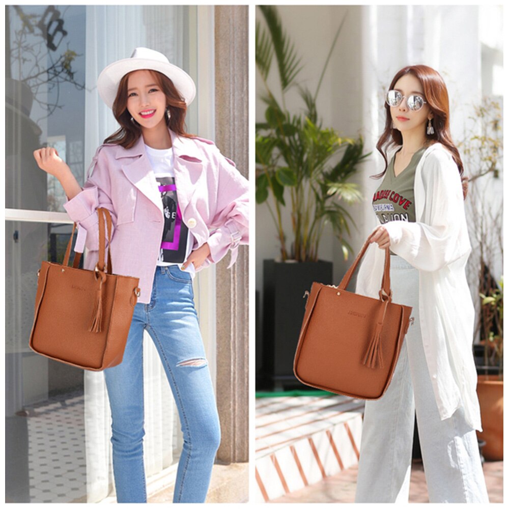 Leder dauerhaft retro Taschen 4 Stück Frauen Schulter Taschen einstellen Schwarz Bote Taschen Brieftasche Handtasche Frau Tasche Sack Haupt femme